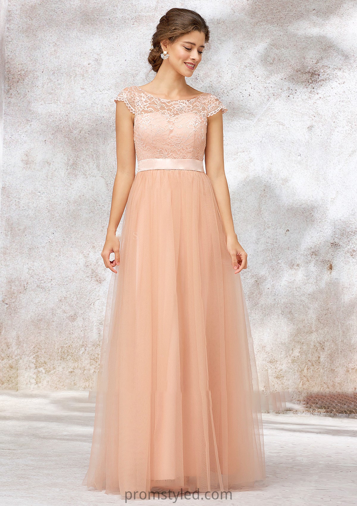 Sleeveless Bateau Long/Floor-Length Tulle A-line/Princess Bridesmaid Dresses With Sashes Lace Mia HLP0025405