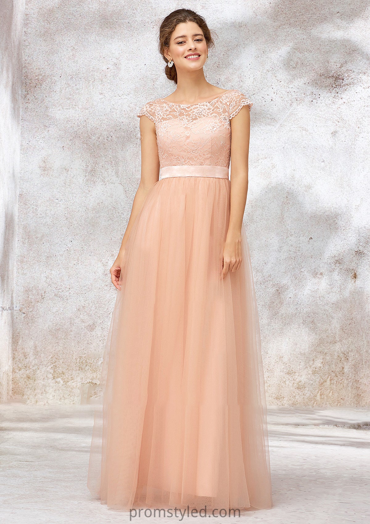 Sleeveless Bateau Long/Floor-Length Tulle A-line/Princess Bridesmaid Dresses With Sashes Lace Mia HLP0025405