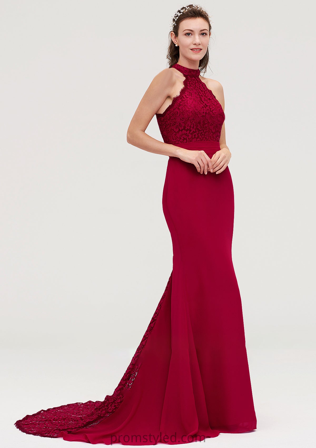 Sleeveless Scoop Neck Court Train Trumpet/Mermaid Chiffon Bridesmaid Dresseses With Lace Mariana HLP0025417