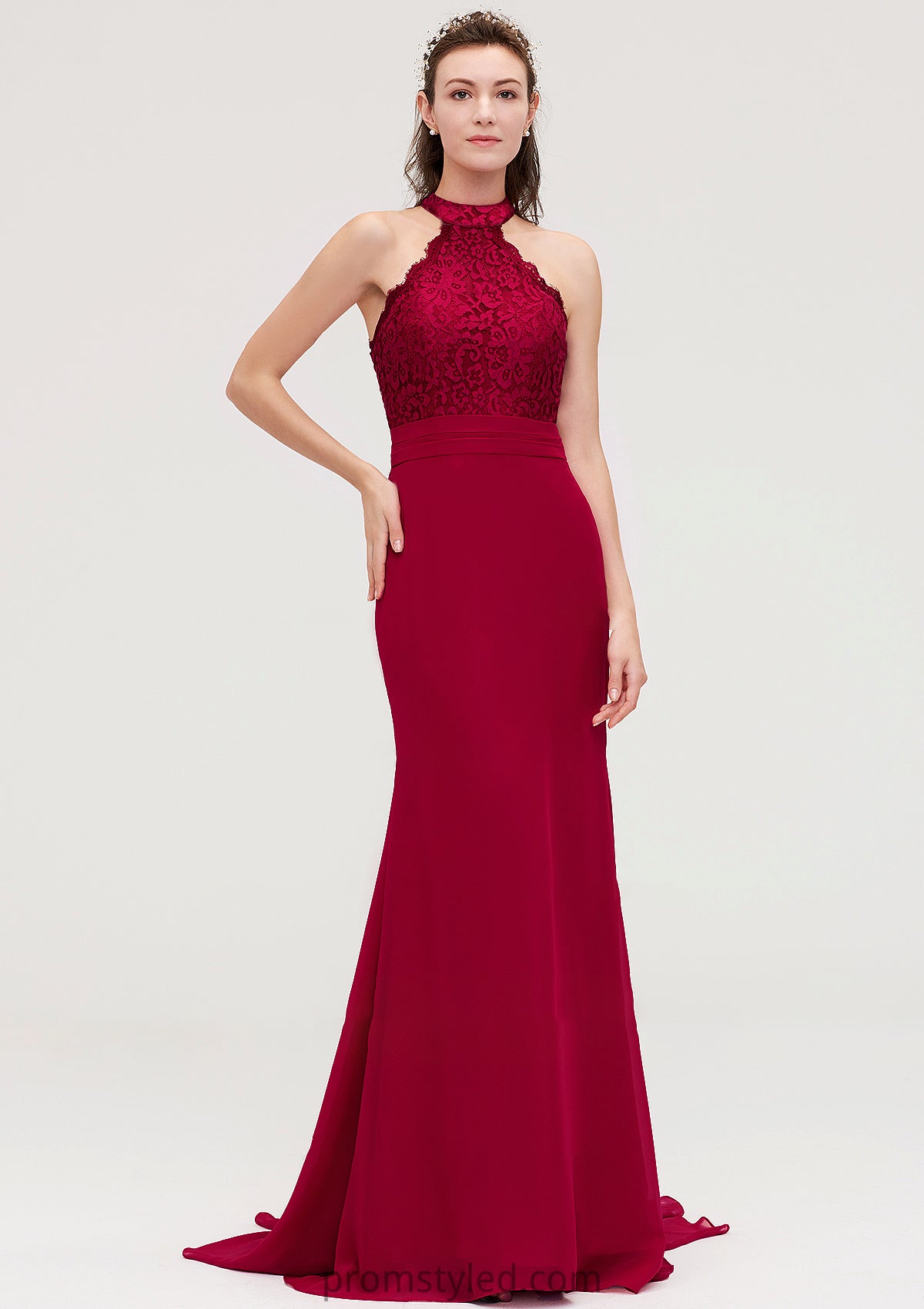 Sleeveless Scoop Neck Court Train Trumpet/Mermaid Chiffon Bridesmaid Dresseses With Lace Mariana HLP0025417