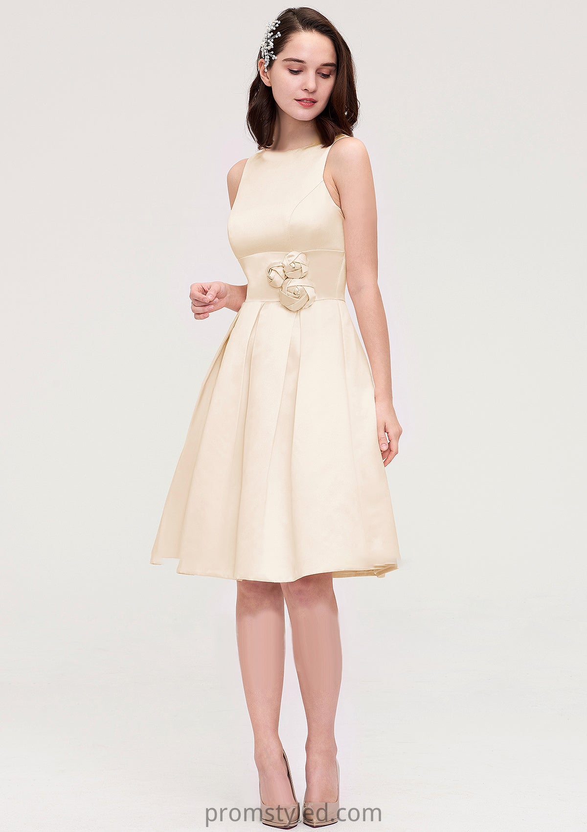Sleeveless Bateau Knee-Length Satin A-line/Princess Bridesmaid Dresses With Pleated Flowers Vivien HLP0025425