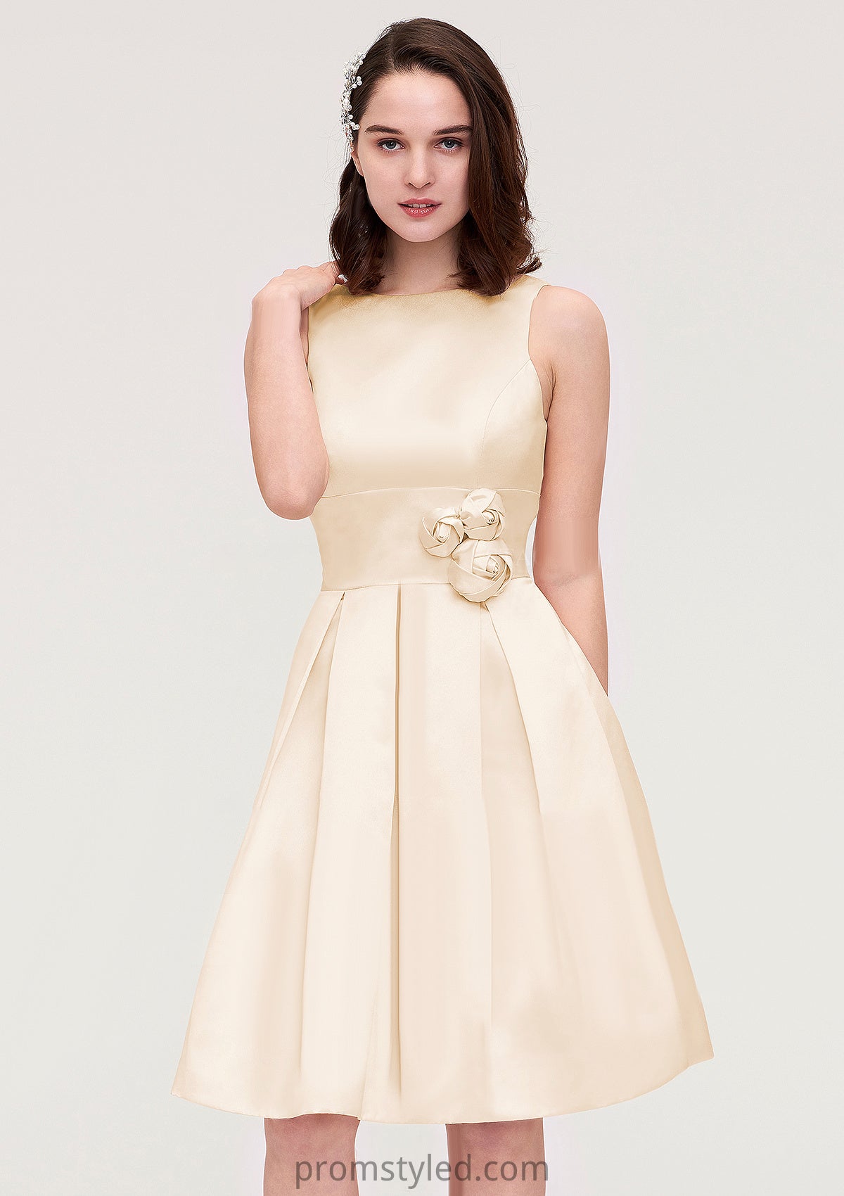 Sleeveless Bateau Knee-Length Satin A-line/Princess Bridesmaid Dresses With Pleated Flowers Vivien HLP0025425