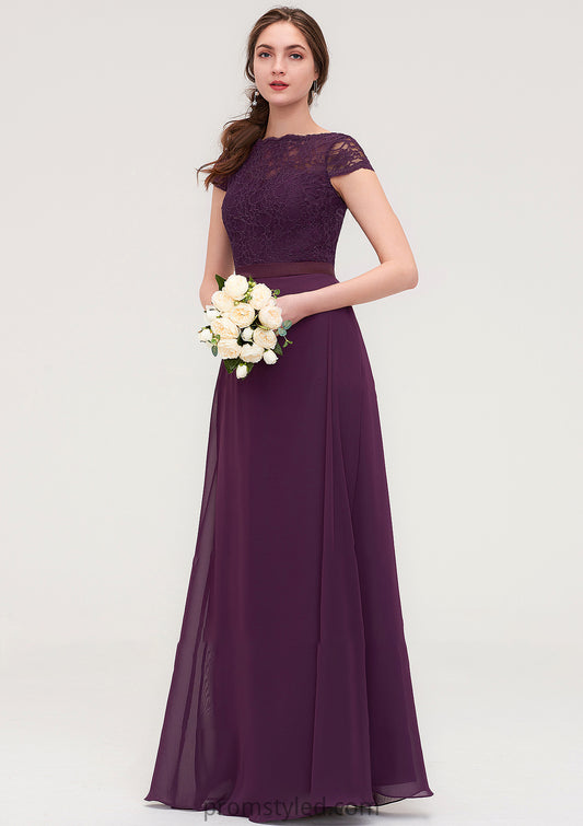 Short Sleeve Bateau Long/Floor-Length  Chiffon A-line/Princess Bridesmaid Dresses With Sashes Lace Aleena HLP0025428