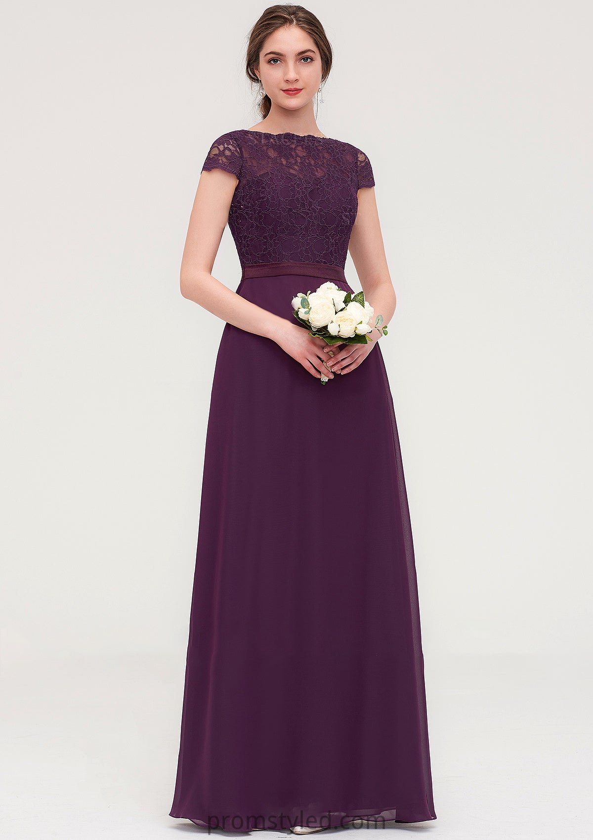 Short Sleeve Bateau Long/Floor-Length  Chiffon A-line/Princess Bridesmaid Dresses With Sashes Lace Aleena HLP0025428