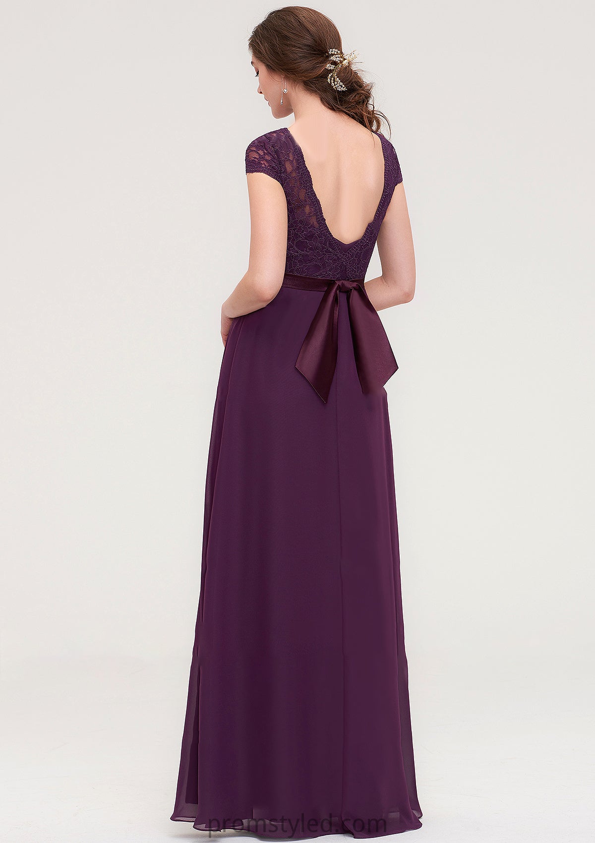 Short Sleeve Bateau Long/Floor-Length  Chiffon A-line/Princess Bridesmaid Dresses With Sashes Lace Aleena HLP0025428