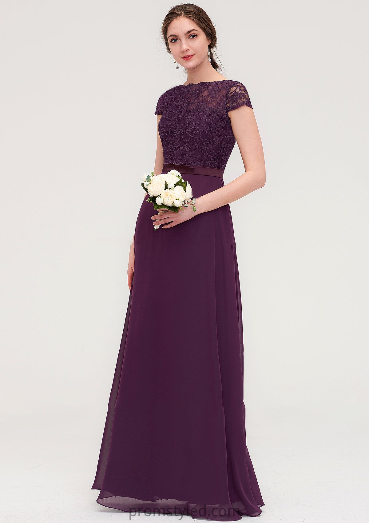 Short Sleeve Bateau Long/Floor-Length  Chiffon A-line/Princess Bridesmaid Dresses With Sashes Lace Aleena HLP0025428