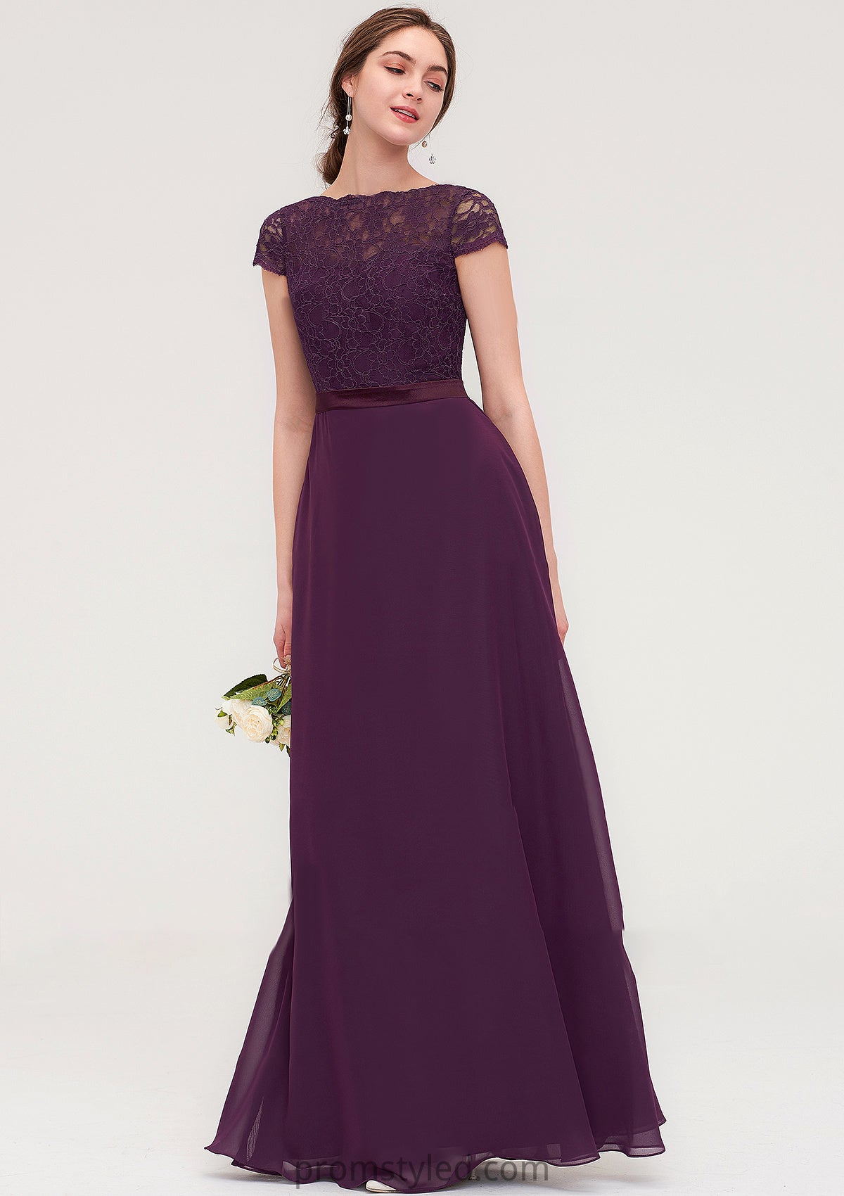 Short Sleeve Bateau Long/Floor-Length  Chiffon A-line/Princess Bridesmaid Dresses With Sashes Lace Aleena HLP0025428