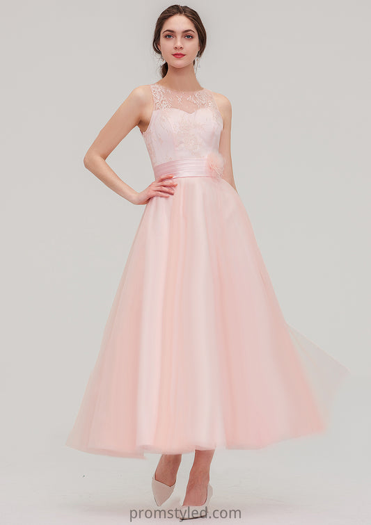 Tea-Length Sleeveless Bateau Tulle A-line/Princess Bridesmaid Dresses With Waistband Lace Lesley HLP0025429