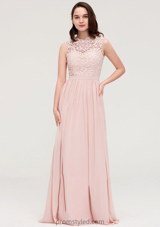 Sleeveless Scalloped Neck Long/Floor-Length Chiffon A-line/Princess Bridesmaid Dresses With Lace Emery HLP0025434