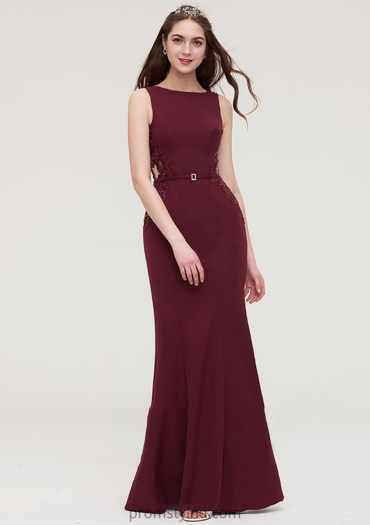 Bateau Sleeveless Sheath/Column Long/Floor-Length Elastic Satin Bridesmaid Dresses With Waistband Lace Sequins Viv HLP0025443