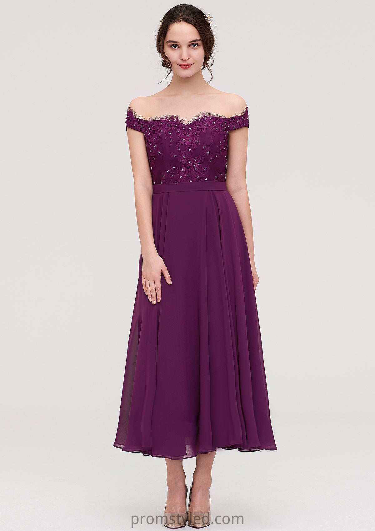 Off-the-Shoulder Sleeveless Tea-Length Chiffon A-line/Princess Bridesmaid Dresses With Lace Beading Dakota HLP0025446