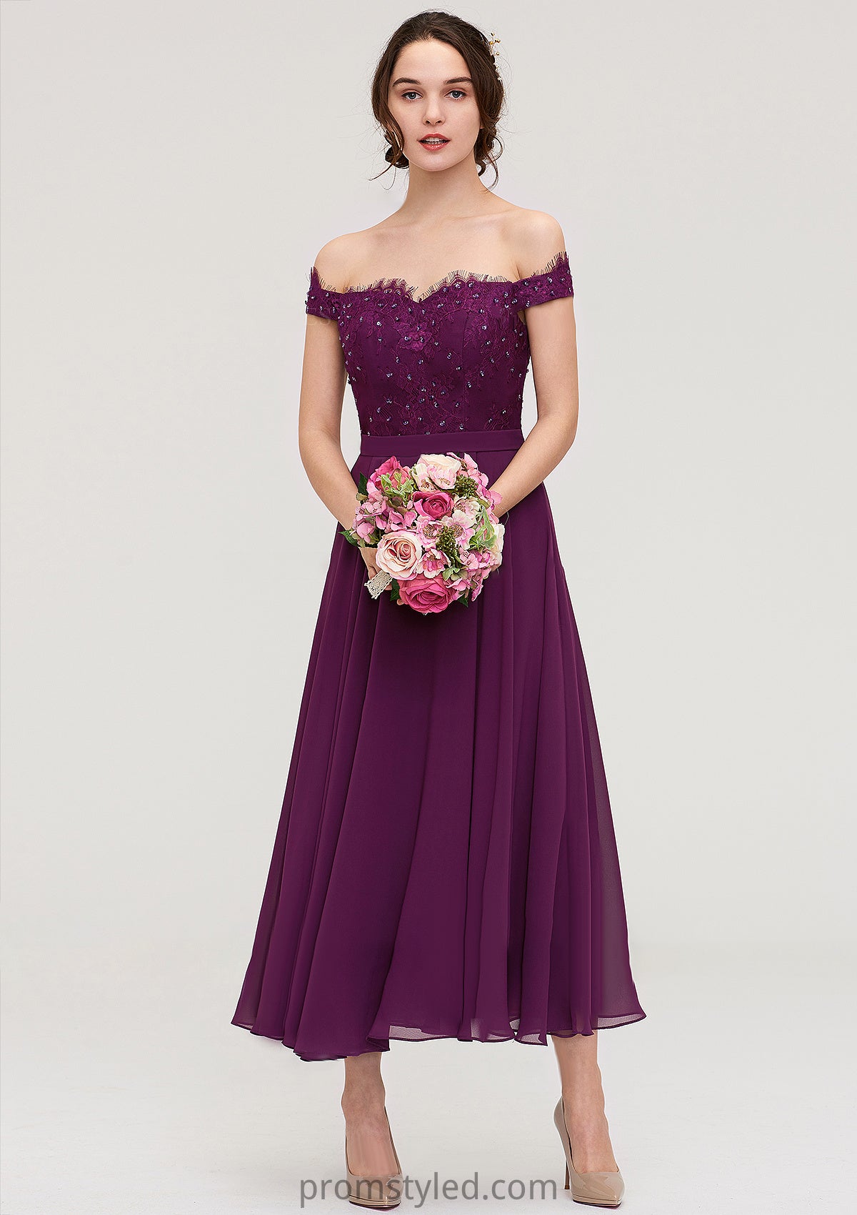 Off-the-Shoulder Sleeveless Tea-Length Chiffon A-line/Princess Bridesmaid Dresses With Lace Beading Dakota HLP0025446