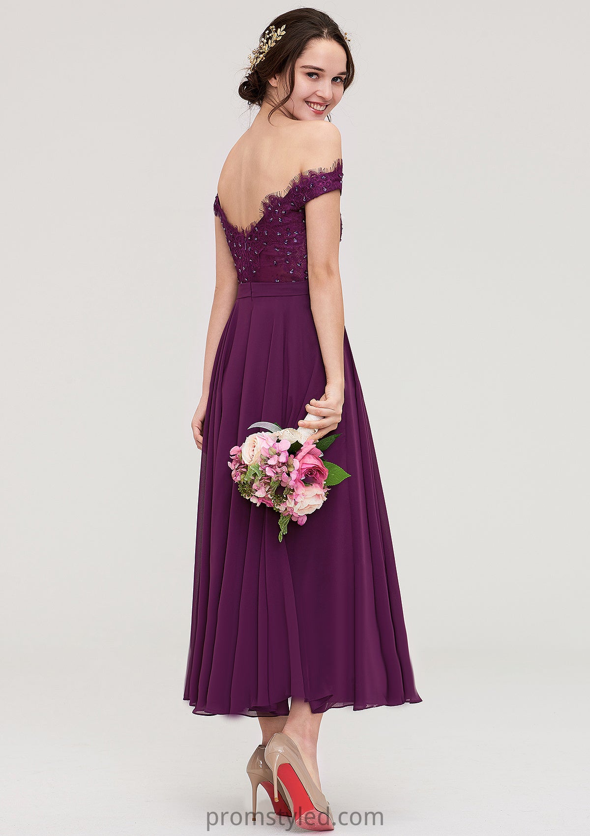 Off-the-Shoulder Sleeveless Tea-Length Chiffon A-line/Princess Bridesmaid Dresses With Lace Beading Dakota HLP0025446