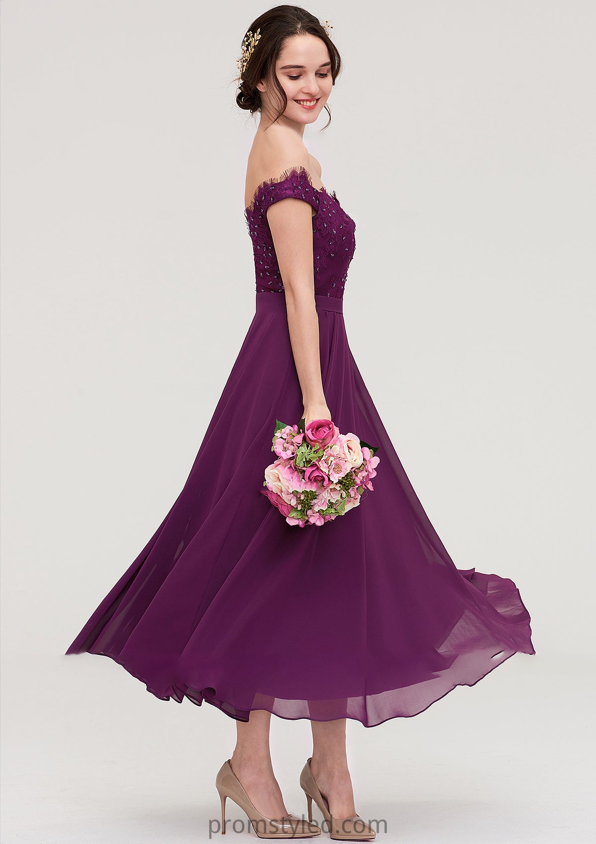 Off-the-Shoulder Sleeveless Tea-Length Chiffon A-line/Princess Bridesmaid Dresses With Lace Beading Dakota HLP0025446