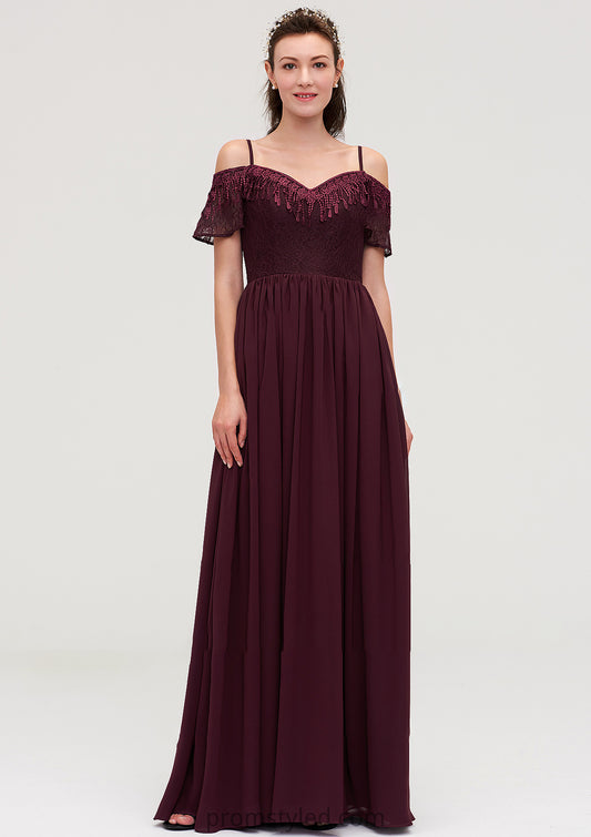 Off-the-Shoulder Sleeveless Chiffon A-line/Princess Long/Floor-Length Bridesmaid Dresseses With Lace Kira HLP0025449