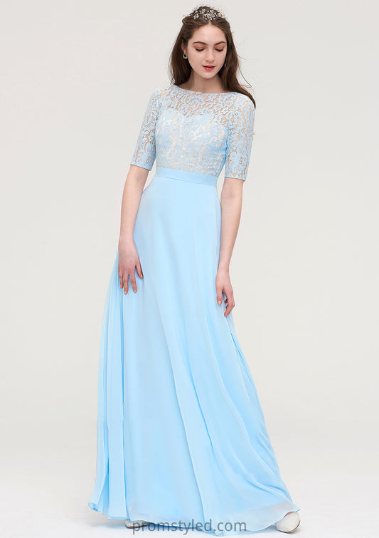 Half Sleeve Long/Floor-Length Bateau Chiffon A-line/Princess Bridesmaid Dresses With Lace Helen HLP0025450