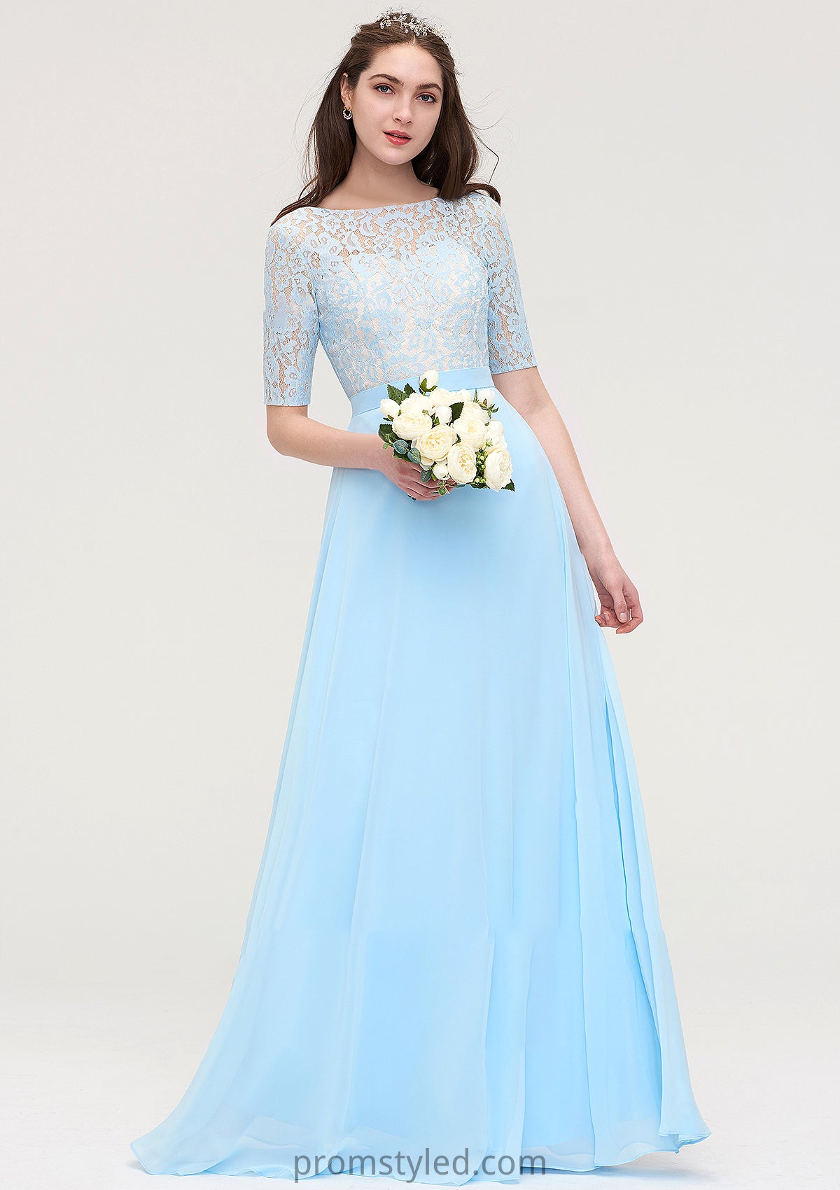 Half Sleeve Long/Floor-Length Bateau Chiffon A-line/Princess Bridesmaid Dresses With Lace Helen HLP0025450