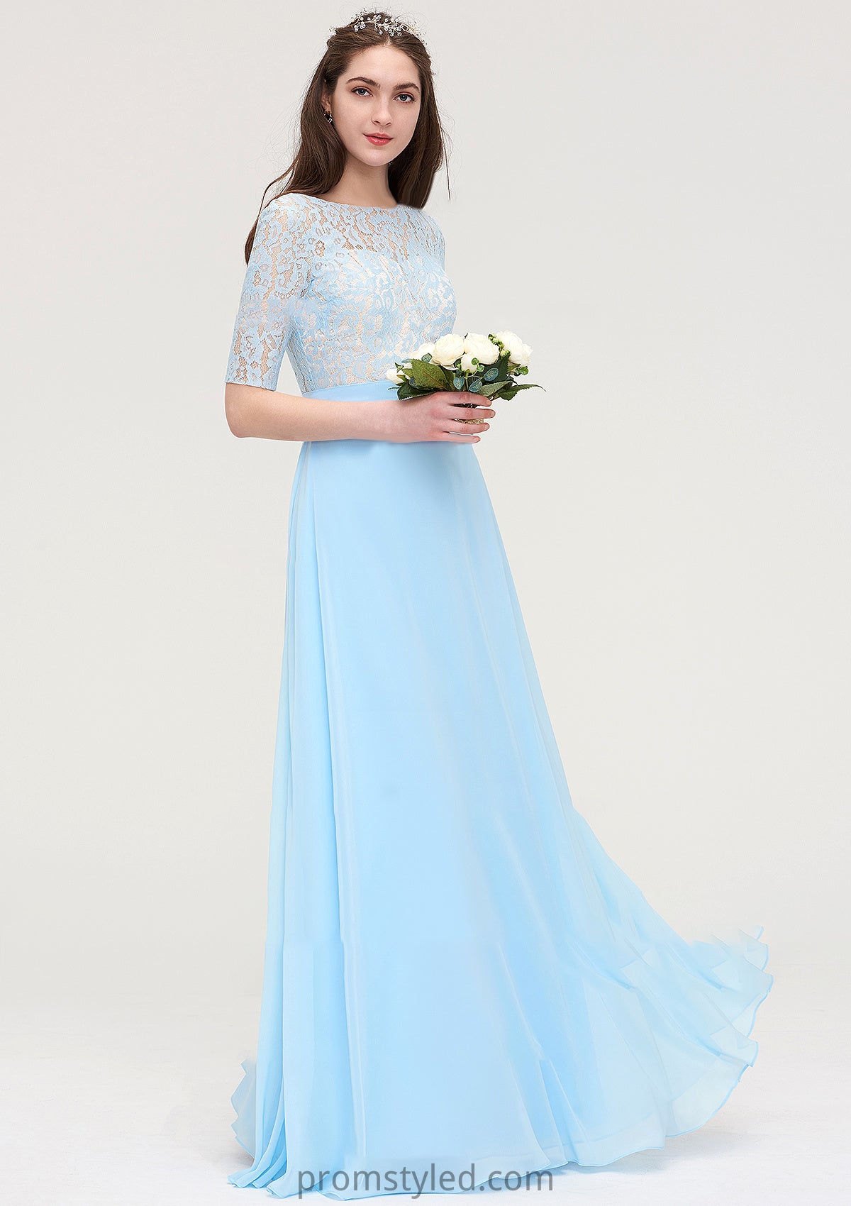 Half Sleeve Long/Floor-Length Bateau Chiffon A-line/Princess Bridesmaid Dresses With Lace Helen HLP0025450