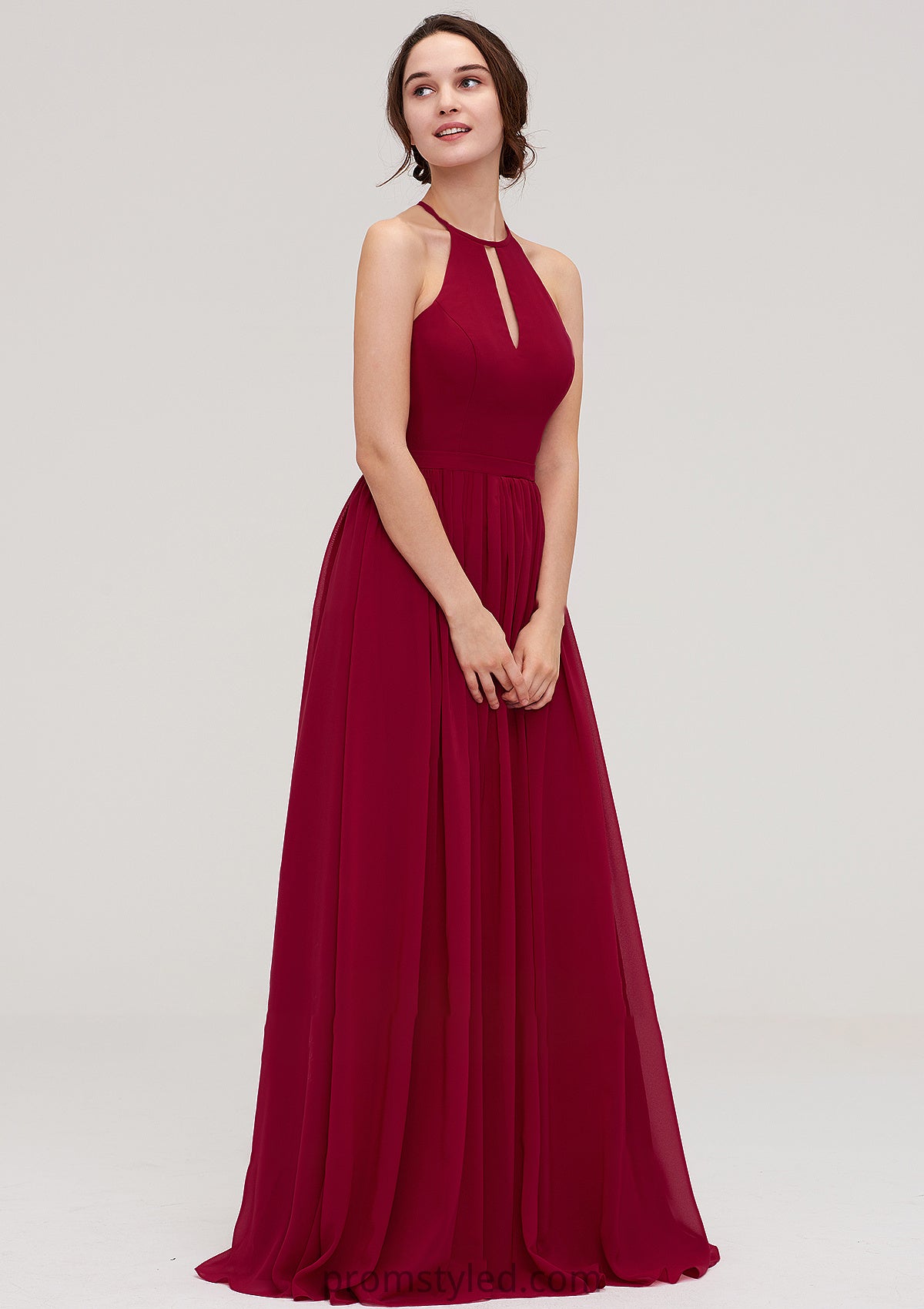 Scoop Neck Sleeveless A-line/Princess Long/Floor-Length Chiffon Bridesmaid Dresseses With Pleated Tori HLP0025456