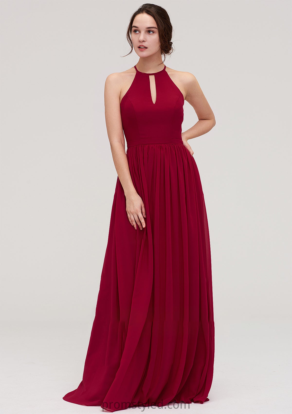 Scoop Neck Sleeveless A-line/Princess Long/Floor-Length Chiffon Bridesmaid Dresseses With Pleated Tori HLP0025456
