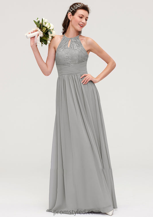 Sleeveless Scoop Neck Chiffon A-line/Princess Long/Floor-Length Bridesmaid Dresseses With Pleated Lace Karley HLP0025460