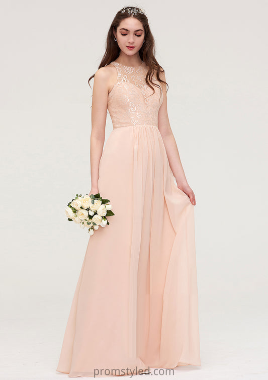 Bateau Sleeveless Long/Floor-Length Chiffon A-line/Princess Bridesmaid Dresses With Lace Pleated Lindsay HLP0025464