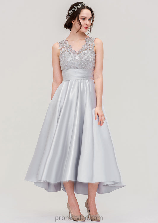 Sleeveless V Neck Asymmetrical Satin A-line/Princess Bridesmaid Dresses With Pleated Lace Kara HLP0025468