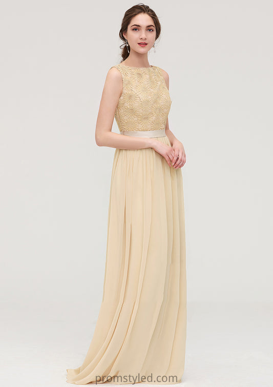 Bateau Sleeveless A-line/Princess Chiffon Long/Floor-Length Bridesmaid Dresses With Sashes Lace Kaylah HLP0025472