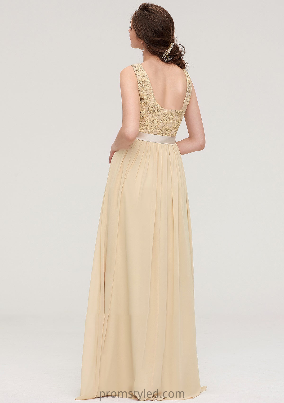 Bateau Sleeveless A-line/Princess Chiffon Long/Floor-Length Bridesmaid Dresses With Sashes Lace Kaylah HLP0025472