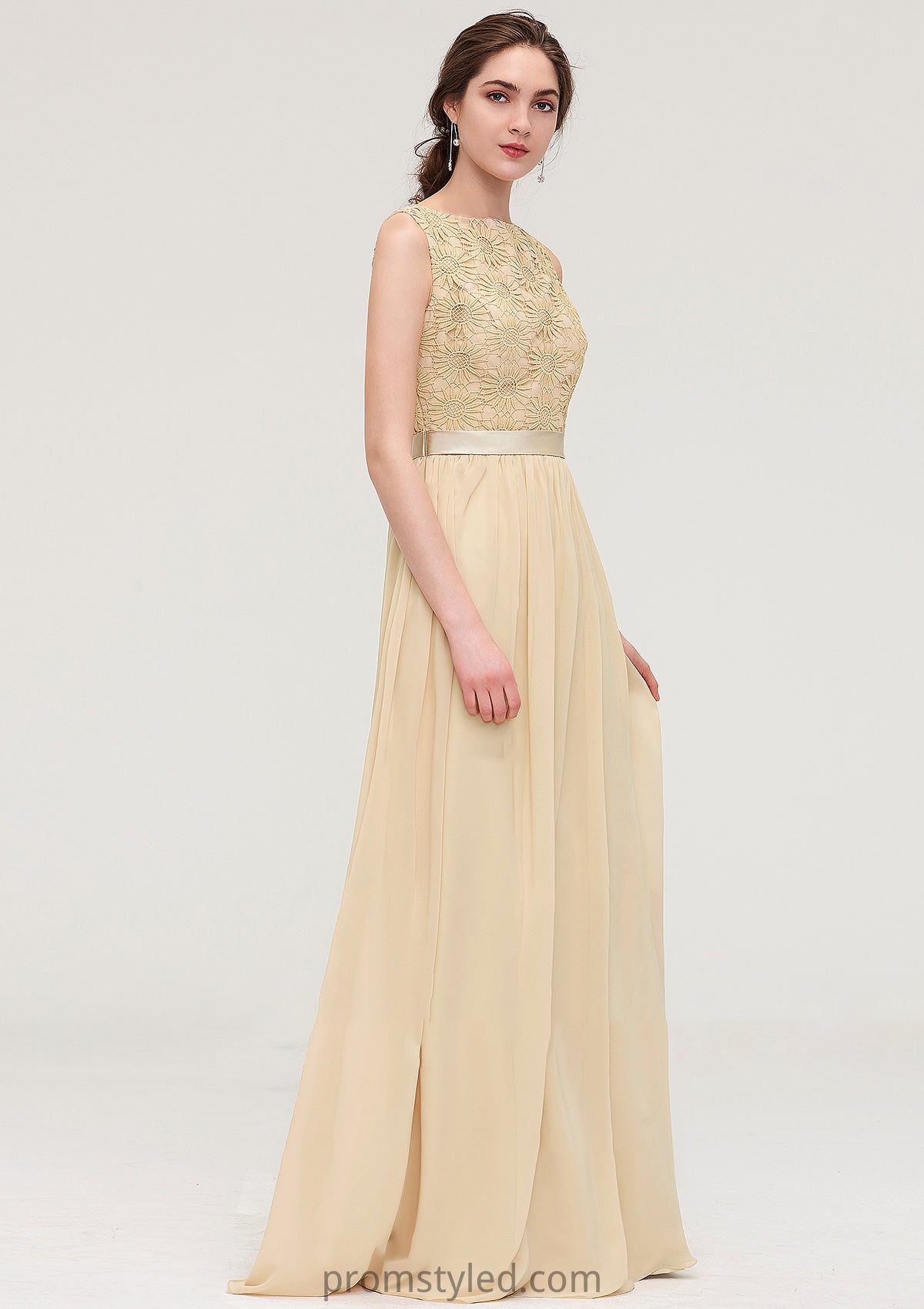 Bateau Sleeveless A-line/Princess Chiffon Long/Floor-Length Bridesmaid Dresses With Sashes Lace Kaylah HLP0025472