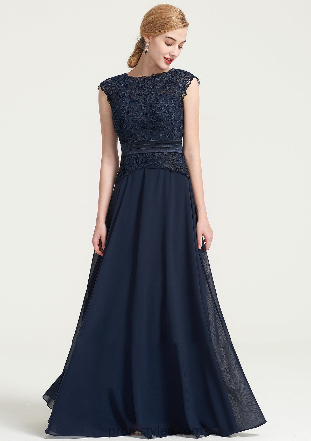 Bateau Sleeveless A-line/Princess Chiffon Long/Floor-Length Bridesmaid Dresses With Sashes Lace Pleated Amiah HLP0025480