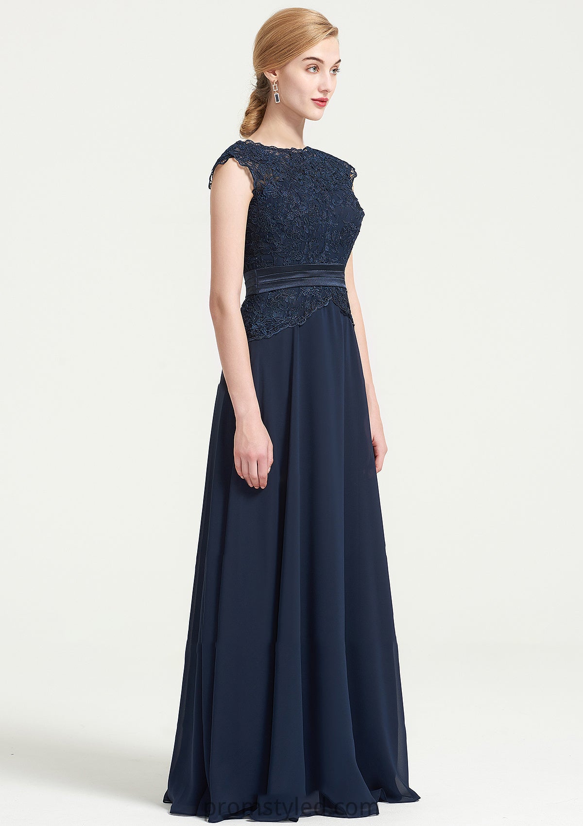 Bateau Sleeveless A-line/Princess Chiffon Long/Floor-Length Bridesmaid Dresses With Sashes Lace Pleated Amiah HLP0025480