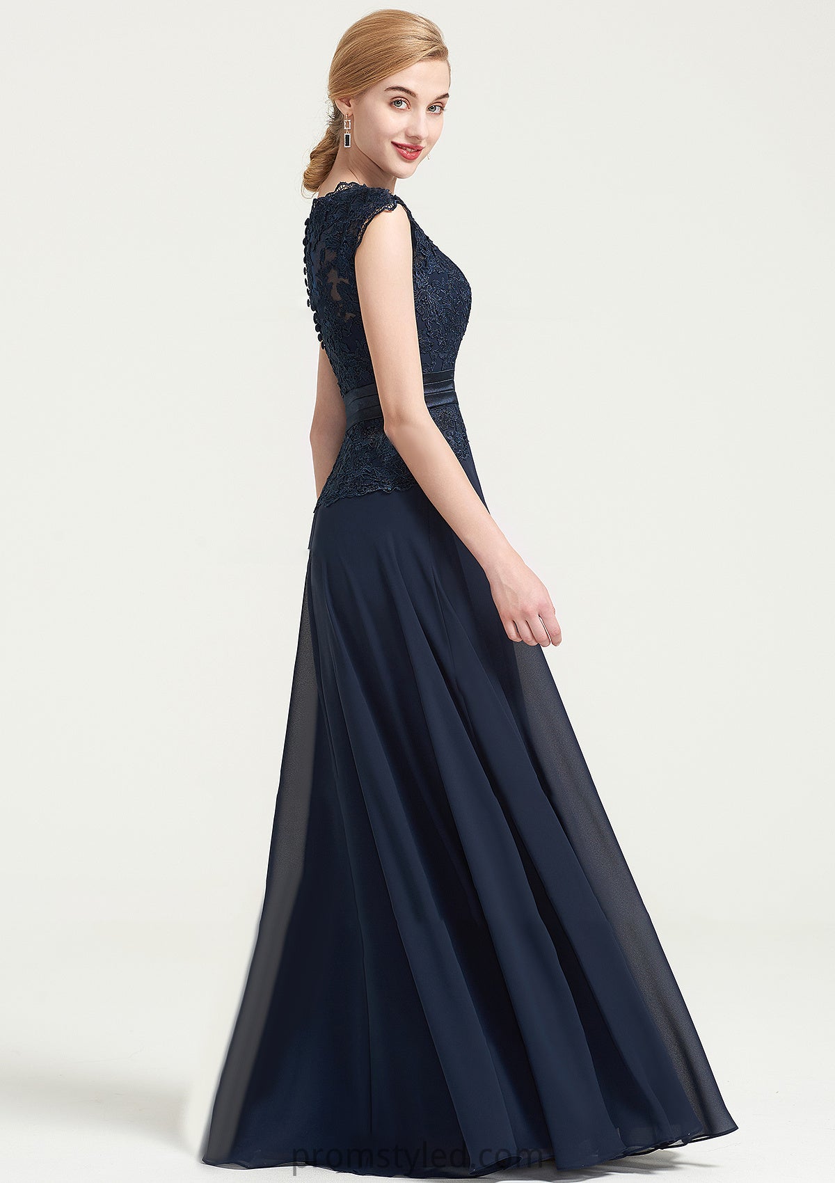 Bateau Sleeveless A-line/Princess Chiffon Long/Floor-Length Bridesmaid Dresses With Sashes Lace Pleated Amiah HLP0025480