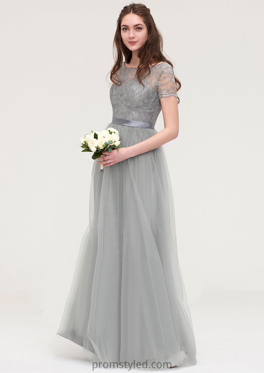 Bateau Short Sleeve Long/Floor-Length Tulle A-line/Princess Bridesmaid Dresses With Sashes Lace Sydney HLP0025482