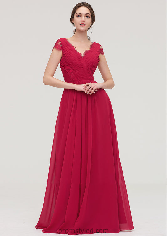 Sleeveless V Neck Long/Floor-Length Chiffon A-line/Princess Bridesmaid Dresses With Lace Pleated Melina HLP0025486