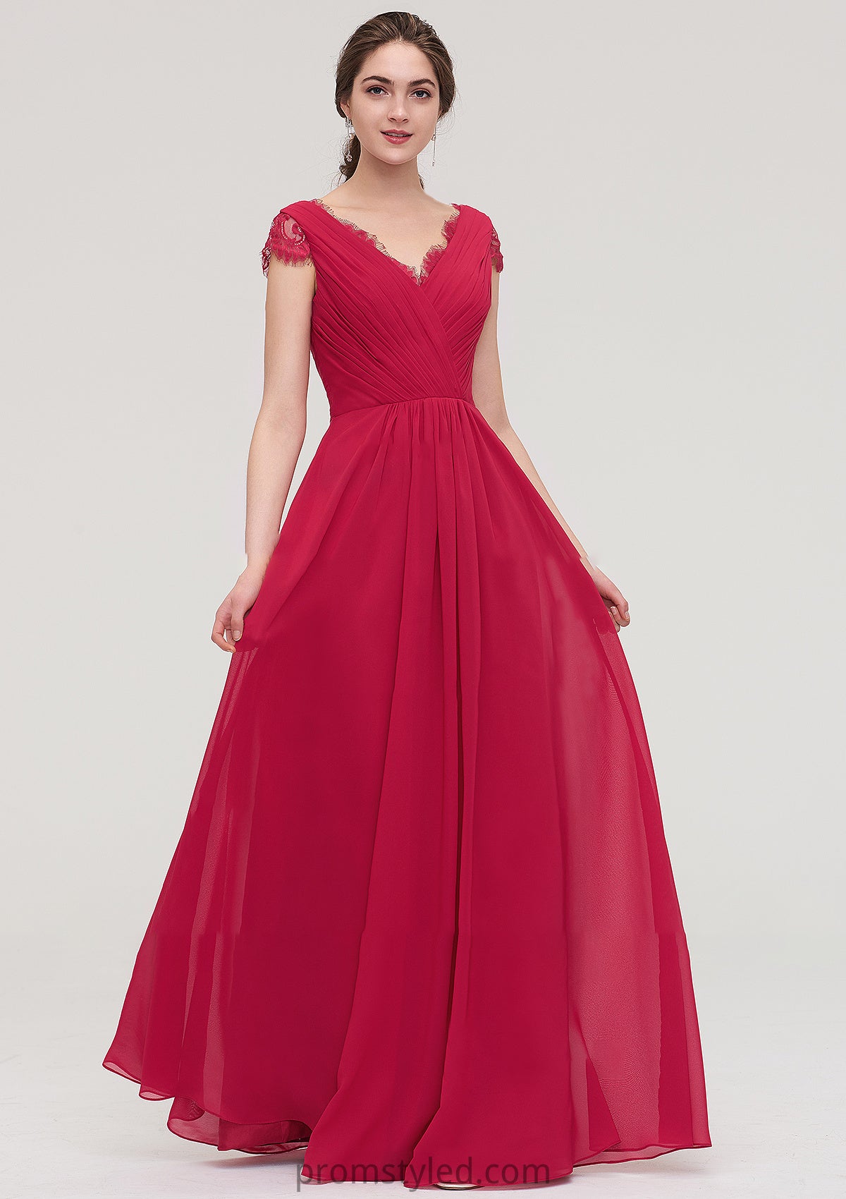 Sleeveless V Neck Long/Floor-Length Chiffon A-line/Princess Bridesmaid Dresses With Lace Pleated Melina HLP0025486