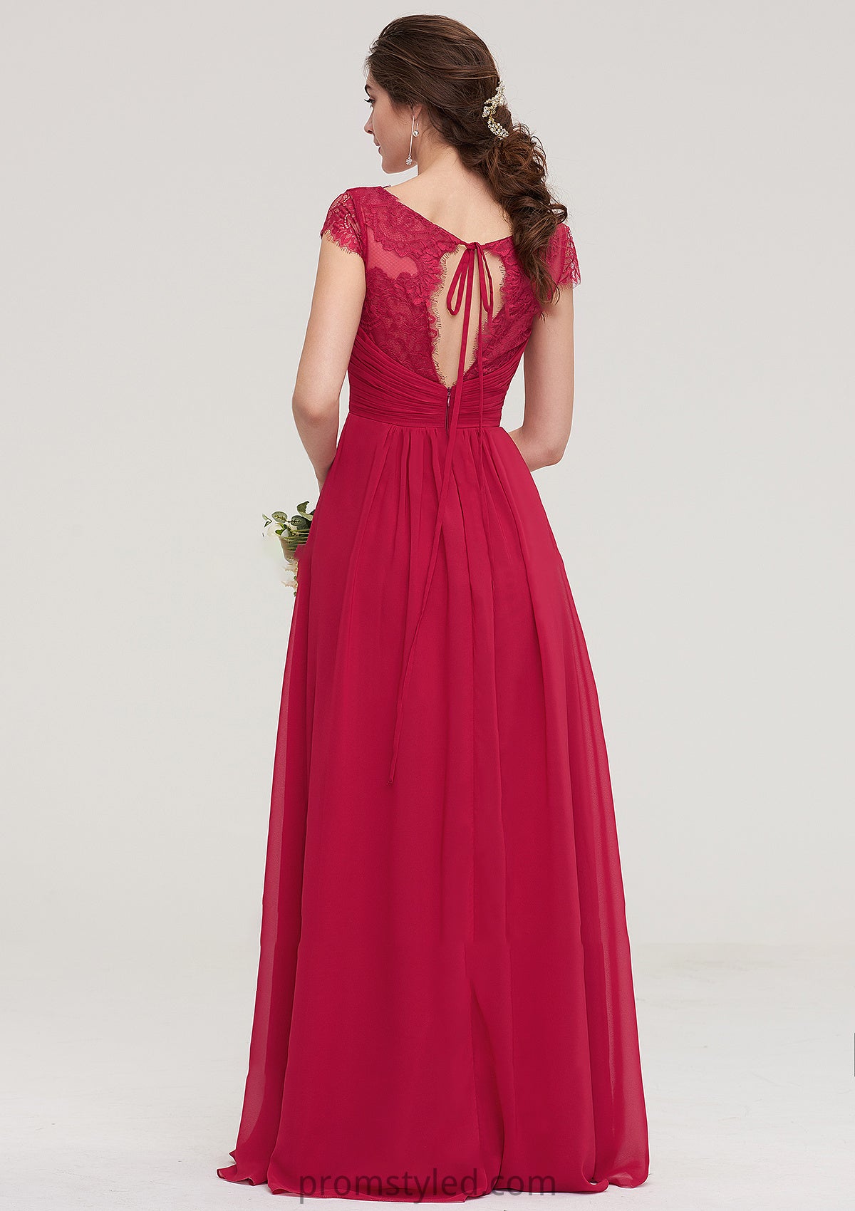 Sleeveless V Neck Long/Floor-Length Chiffon A-line/Princess Bridesmaid Dresses With Lace Pleated Melina HLP0025486