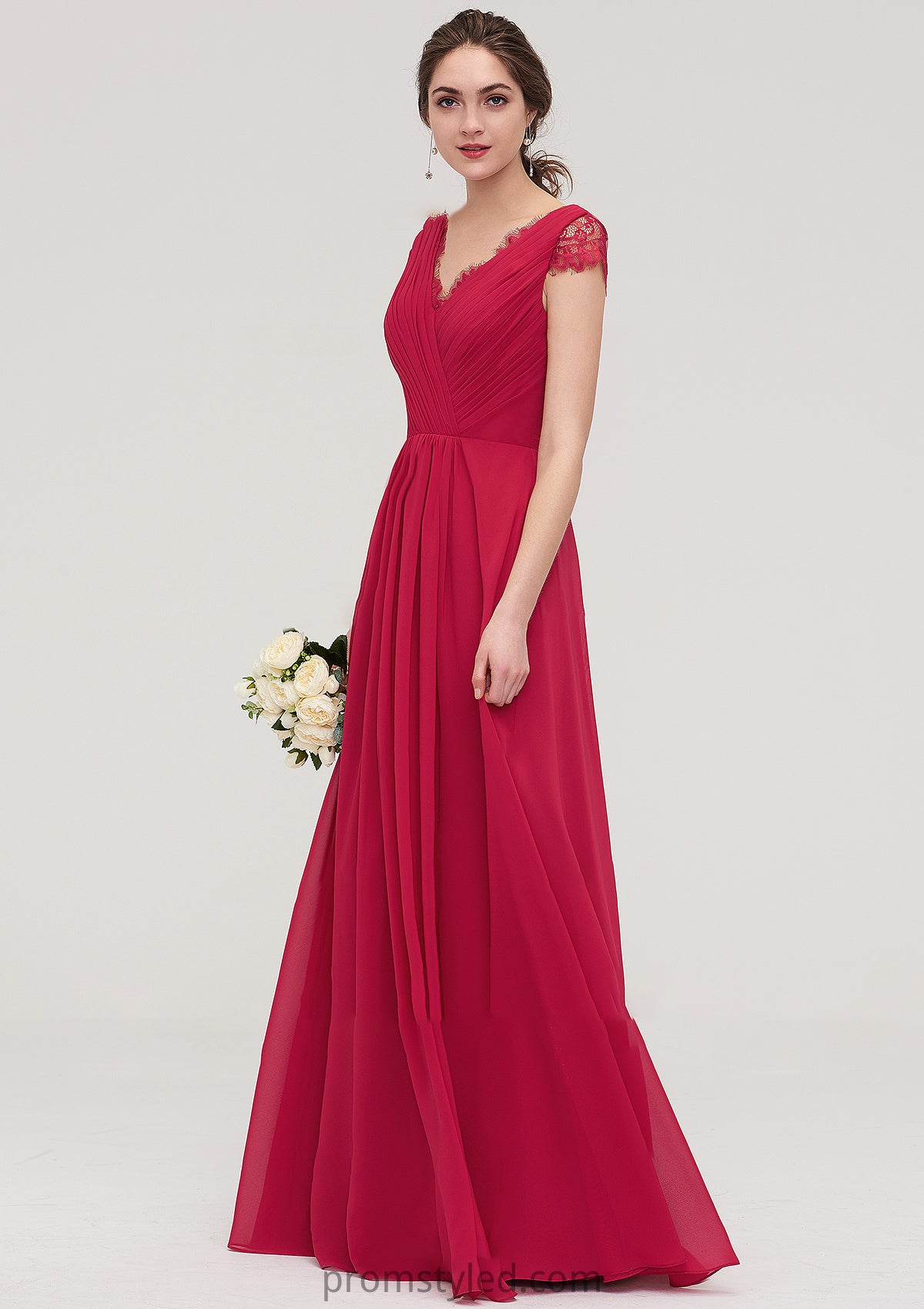 Sleeveless V Neck Long/Floor-Length Chiffon A-line/Princess Bridesmaid Dresses With Lace Pleated Melina HLP0025486