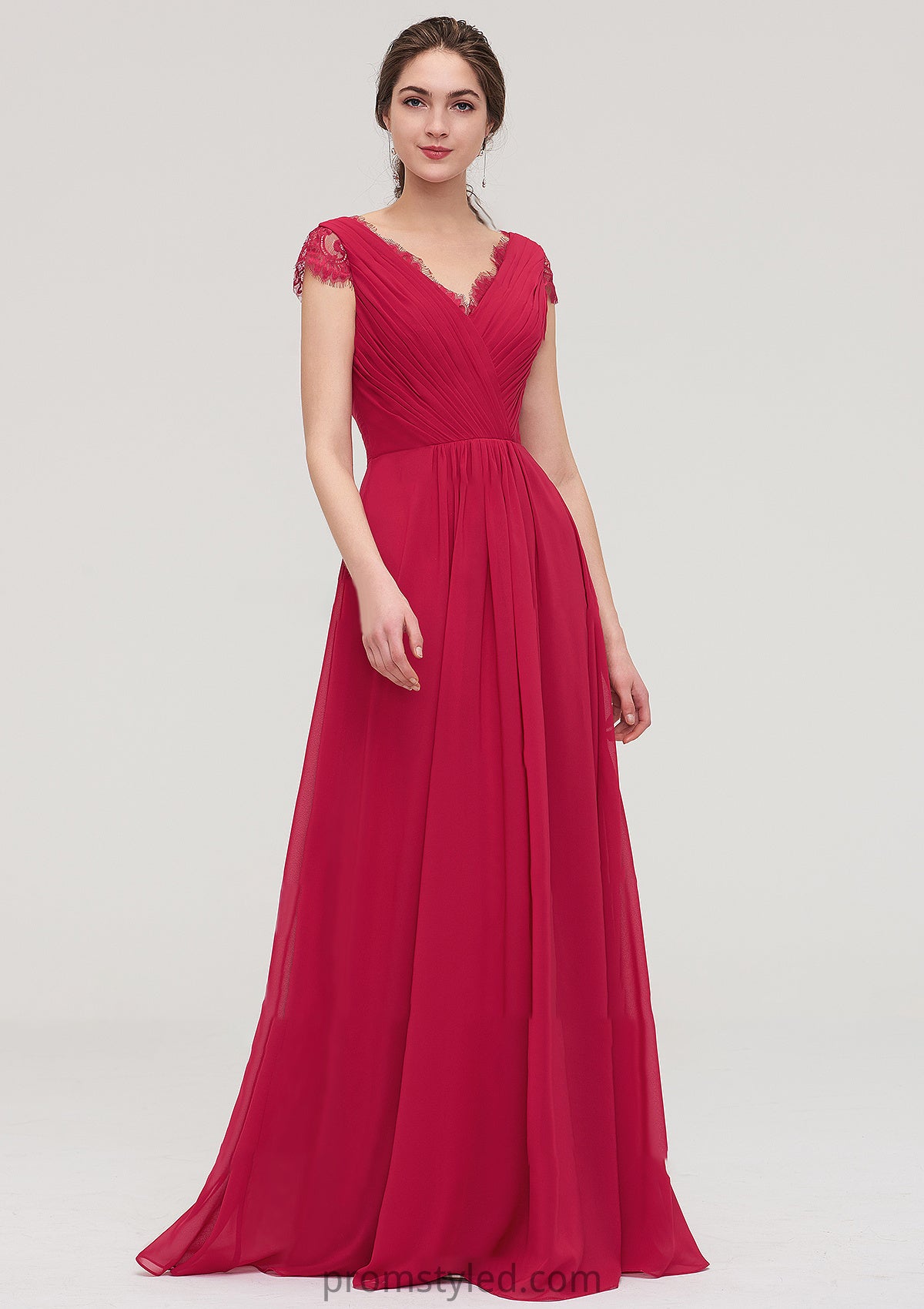 Sleeveless V Neck Long/Floor-Length Chiffon A-line/Princess Bridesmaid Dresses With Lace Pleated Melina HLP0025486