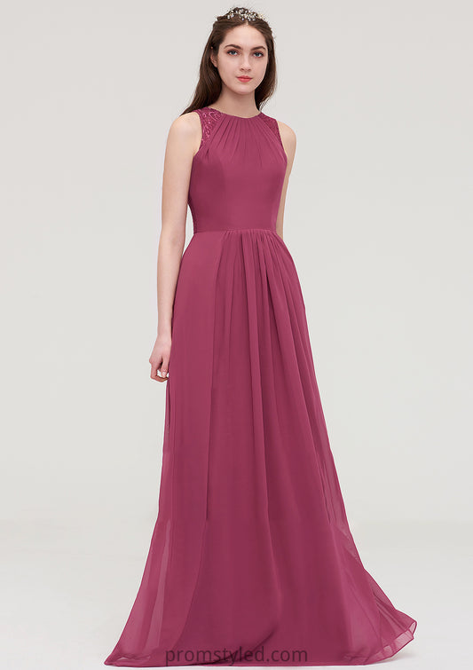 Bateau Sleeveless Long/Floor-Length Chiffon A-line/Princess Bridesmaid Dresses With Lace Pleated Amira HLP0025488