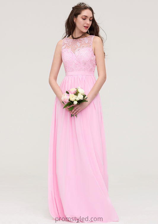 Bateau Sleeveless Long/Floor-Length Chiffon A-line/Princess Bridesmaid Dresses With Lace Kendal HLP0025489