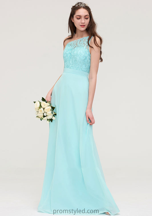 One-Shoulder Sleeveless Long/Floor-Length Chiffon A-line/Princess Bridesmaid Dresses With Lace Angel HLP0025491