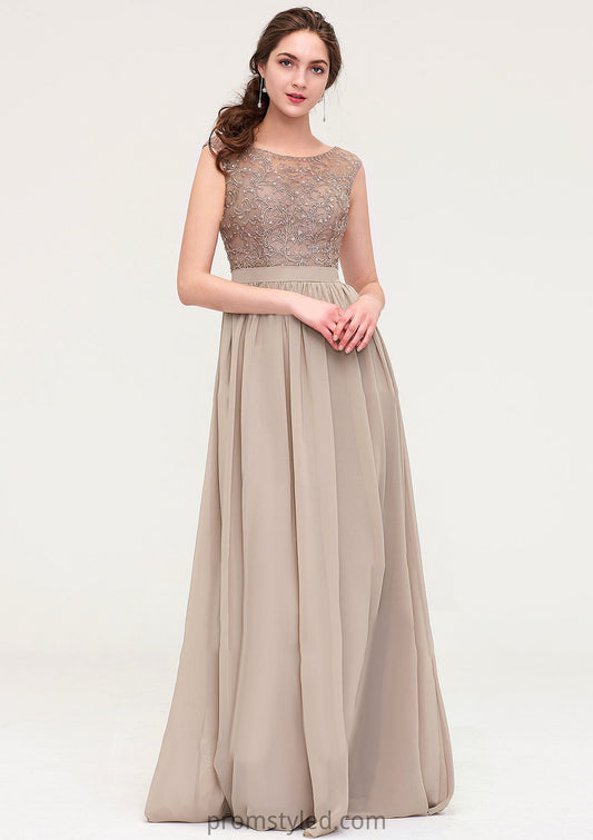 Sleeveless Scoop Neck Long/Floor-Length Chiffon A-line/Princess Bridesmaid Dresses With Sequins Beading Lace Pleated Adelaide HLP0025493