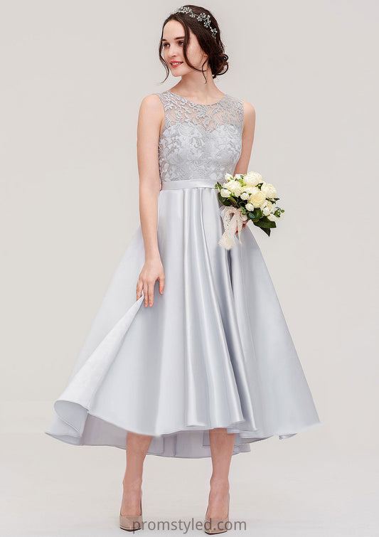 Bateau Sleeveless Tea-Length Satin A-line/Princess Bridesmaid Dresses With Sashes Lace Melissa HLP0025495