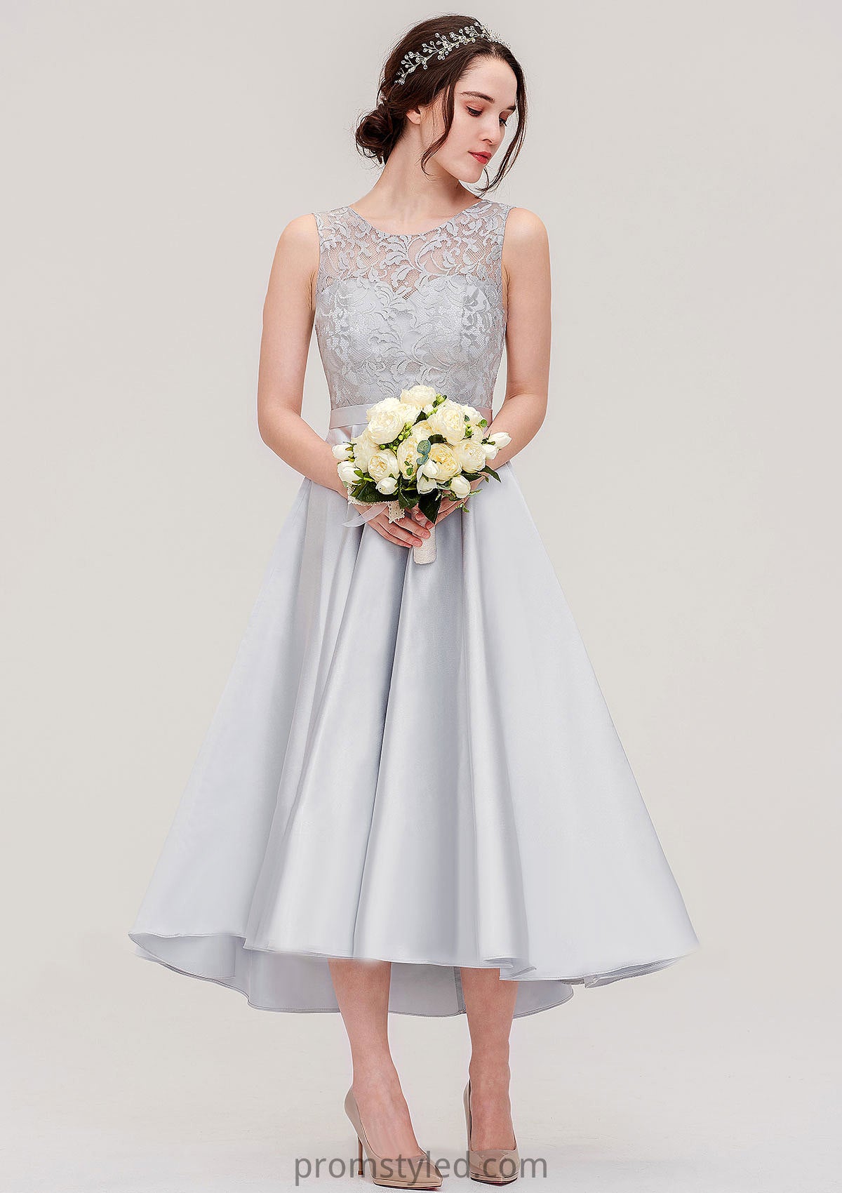Bateau Sleeveless Tea-Length Satin A-line/Princess Bridesmaid Dresses With Sashes Lace Melissa HLP0025495