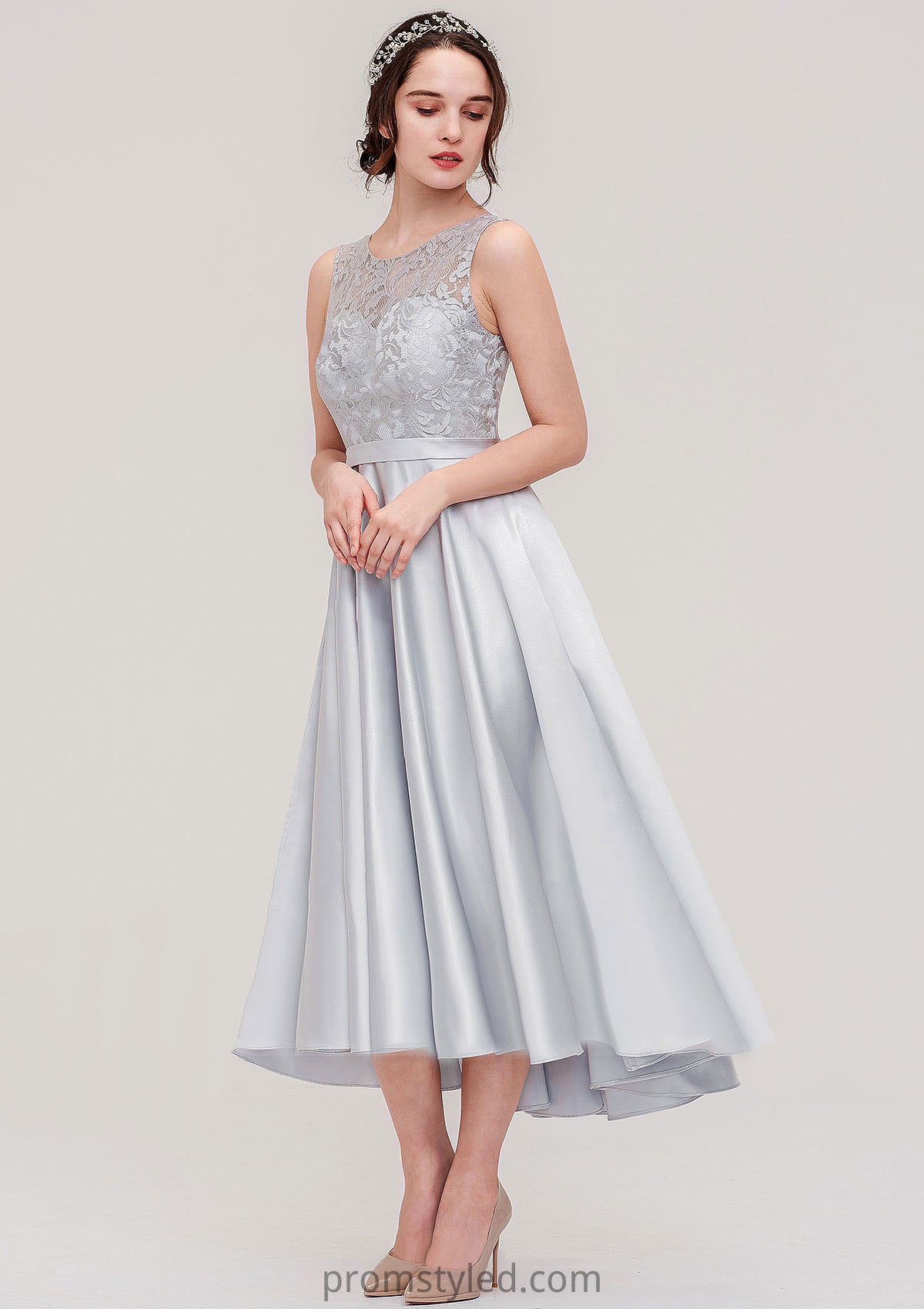 Bateau Sleeveless Tea-Length Satin A-line/Princess Bridesmaid Dresses With Sashes Lace Melissa HLP0025495