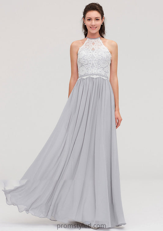 Sleeveless Scoop Neck A-line/Princess Chiffon Long/Floor-Length Bridesmaid Dresseses With Lace Keely HLP0025497