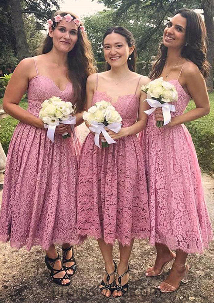 Sleeveless Sweetheart Tea-Length A-line/Princess Lace Bridesmaid Dresseses With Pleated Paityn HLP0025518