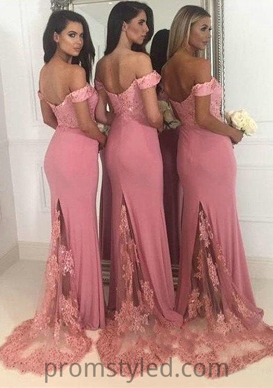 Sleeveless Off-the-Shoulder Sweep Train Sheath/Column Jersey Bridesmaid Dresseses With Lace Beading Katie HLP0025519