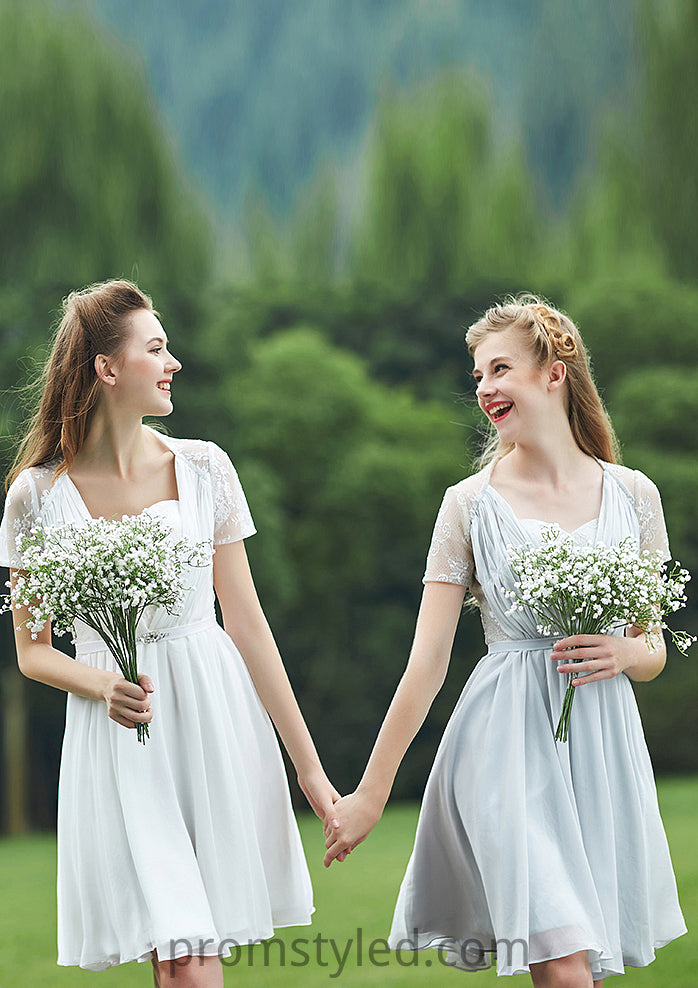 Short/Mini Scalloped Neck Short Sleeve Chiffon A-line/Princess Bridesmaid Dresseses With Lace Brooklynn HLP0025520